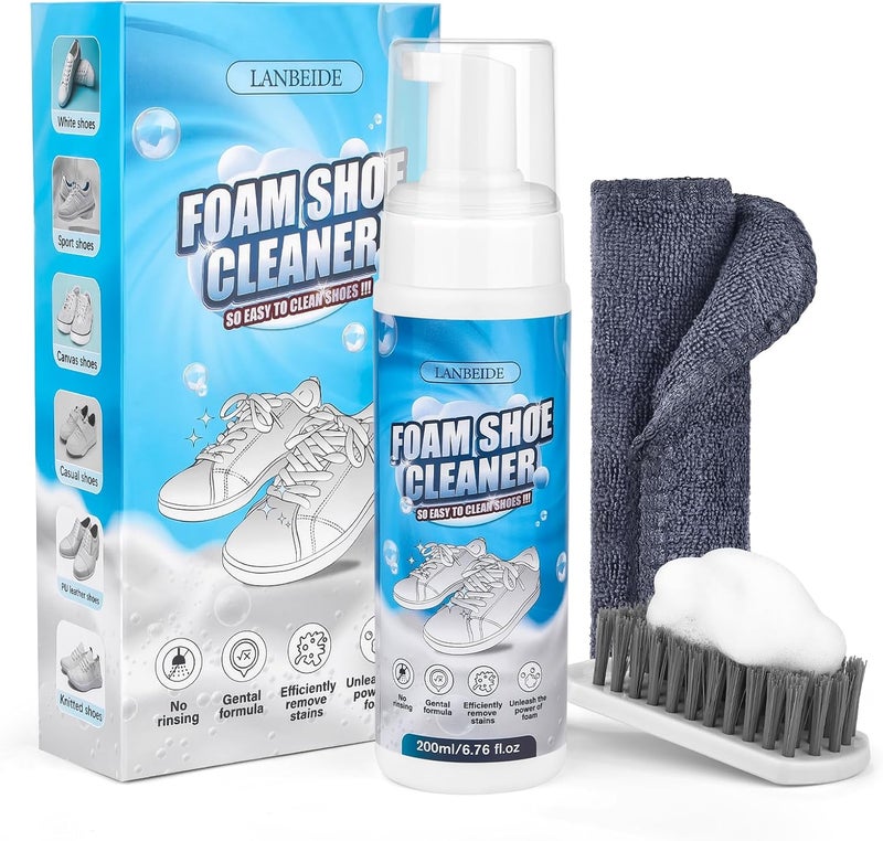 LANBEIDE Shoe Cleaning Kit - 6.76 Oz Sneaker Cleaner with Brush and Towel, White Shoe Cleaner Foam - Image 1
